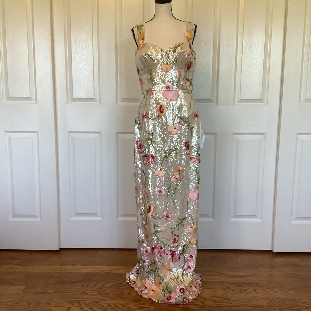 Dress The Population Reese Sequin Floral Maxi Gown Champagne Multi Size M NWT
